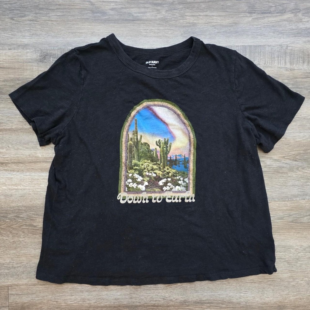 Old Navy EveryWear Black Desert Graphic Tee Down To Earth Saguaro Cactus Large